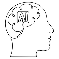 Poster - Robot head continuous line art drawing. Cyborg head with technology brain. Vector illustration isolated on white.