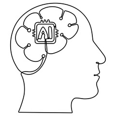Poster - Robot head continuous line art drawing. Cyborg head with technology brain. Vector illustration isolated on white.