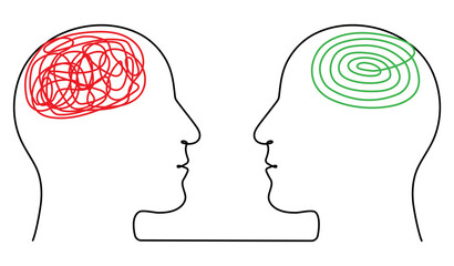 Poster - Two heads with colour chaos and order thoughts continuous line drawing. Mental health therapy concept. Vector illustration isolated on white.