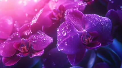 Aufkleber - Glowing Purple Orchids with Water Droplets and Soft Light Effects