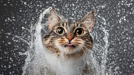 Poster - Cat Splashing in Water with Playful Expression and Vibrant Energy