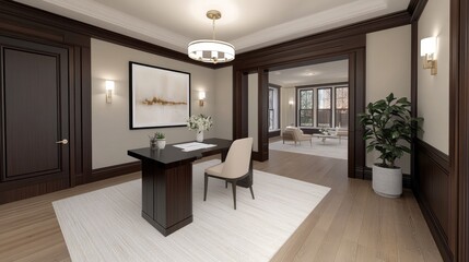 Wall Mural - Contemporary workspace showcases dark oak wood paneling, clean lines, natural light, and a neutral color palette for an inviting feel