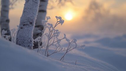 Wall Mural - Beautiful winter landscape. Snow and frost covered birch trees and shrubs. Snowy scenery, cold and crisp sunny day.