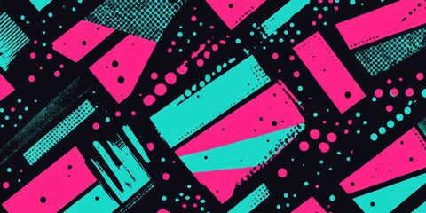 Poster - pattern of colorful diagonal lines in pink and teal on a black background, in the style of retro 80s
