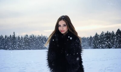 Wall Mural - girl in bikini and fur coat posing in the snow in the forest