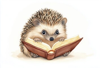 Wall Mural - Adorable, clever watercolor hedgehog reading a book, character illustration isolated on a white background 