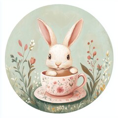 Wall Mural - Cute bunny in teacup illustration