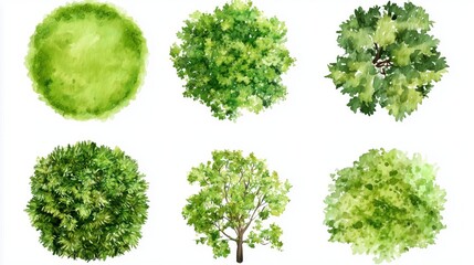 green grass isolated on white background, set of watercolor tree top view for landscape plan and arc