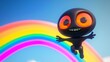© Zhanna - 3D Cartoon black alien with orange eyes jumping over rainbow with happy and carefree expression on blue background: Image of happiness through bright colors of nature.