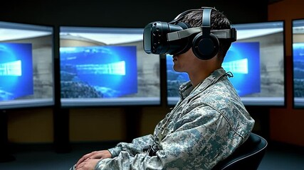 Poster - Military personnel engages with virtual reality technology for training in a digital environment