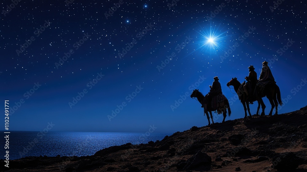 Three wise men on camels silhouetted against a night sky with a bright ...