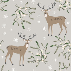 Wall Mural - christmas seamless pattern, deer animals, mistletoe, snowflakes, gray background. vector illustratio