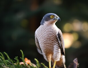 sparrowhawk sitting on meadow in forest with blurry background. european big bird of prey