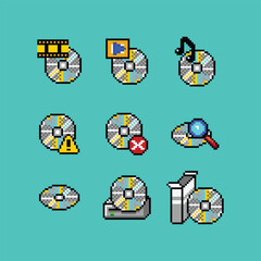 Leinwandbilder - Vector pixel art retro computer compact disc icon set. Video, audio cd, warning, error, tray, installation setup disk shortcut, 8 bit icon asset on light background
