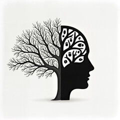 Wall Mural - a black and white graphic that creatively combines a tree silhouette with a human head. The tree branches are extended to the left, and part of the head on the right side is filled with i