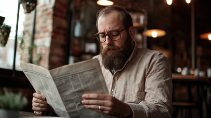 Wall Mural - man with beard and glasses reading a newspaper in a quiet cafe, soft interior lighting and vintage decor