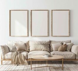 Poster - Minimalist living room interior with beige sofa. wooden coffee table. three empty picture frames. plant. rug. and white walls