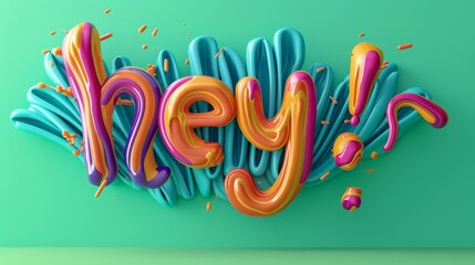 Aufkleber - A colorful 3D rendering of the word hey! in bold, flowing letters, set against an abstract teal backdrop. Perfect for creative, energetic, and playful design projects. AI generated.