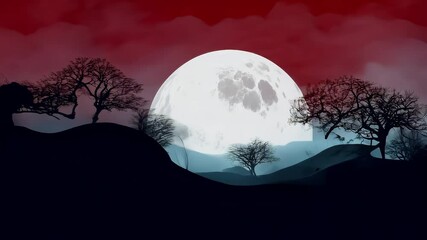 Wall Mural - Lion walks gracefully on a hill under the glow of a full moon. The night sky, filled with dark clouds and a hint of red, creates a dramatic backdrop for this majestic scene