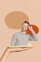 Poster - Creative drawing collage picture of cool man glasses blogger comment like love heart icon notification minimal caricature drawing