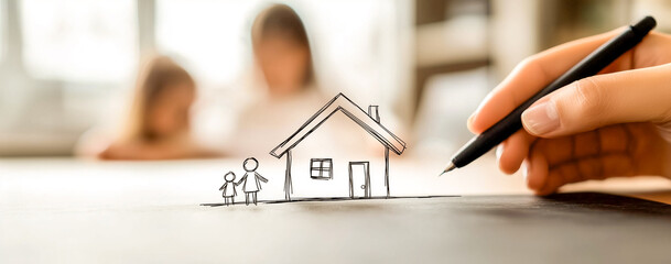 Warm indoor scene of a hand sketching a house and family on a desk