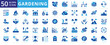 © Iconjam - Gardening icon set with garden, community, groundskeeper, greenhouse, sharing, flowers, water, forest, vegetables, fruits, trees, tools, natural, organic, foliage, farming, herbs, root, and botanical