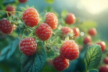 Wall Mural - lots of beautiful ripe raspberries growing on a bush of juicy green, commercial photography