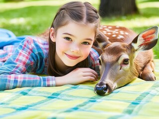 Wall Mural - Girl and fawn resting together outdoors. AI.