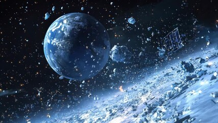 Wall Mural - satellite in space, and blue planet with ice, 4k video