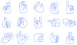 © enotmaks - Gestures of hands showing non verbal elements of communication. Vector linear symbols - okay, pointing finger, victory, luck, success in blue for design