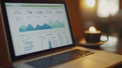 Poster - A laptop displaying data analytics graphs beside a coffee cup in a cozy setting.