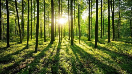  Sunlight Filtering Through Trees in Vibrant Green Forest Landscape