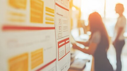 Poster - A workspace with project boards and individuals collaborating in a bright environment.