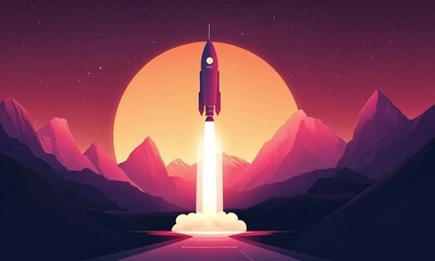 Wall Mural - futuristic rocket launching into a vibrant sunset sky over majestic mountains with a dramatic color 