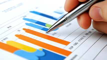 Poster - Hand Holding Pen Analyzing Colorful Bar Graphs on Paper Document