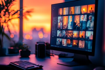 Poster - Modern workspace featuring a computer monitor displaying vibrant images against the backdrop of a beautiful sunset illuminating a cozy indoor environment
