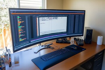 Poster - Modern workspace featuring a large curved monitor displaying audio editing software alongside essential equipment for digital production and creativity.