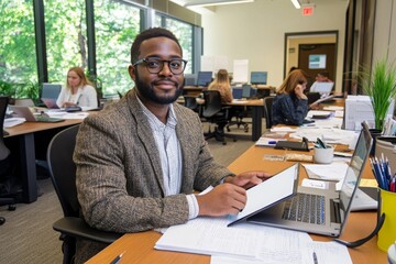 Poster - Professional Black Male Employee Working in Modern Office Environment with Laptop and Documents Amidst Colleagues Engaged in Productive Tasks