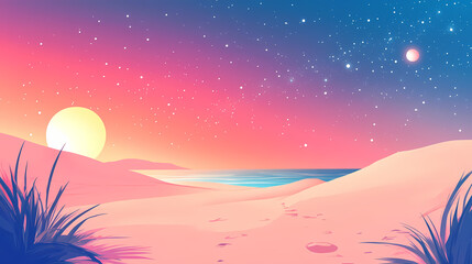 unveiling celestial wonders above a desolate dune and beach landscape. celestial. illustration