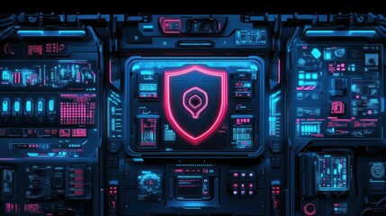 Poster - Futuristic digital interface with a shield symbol, emphasizing security and technology.