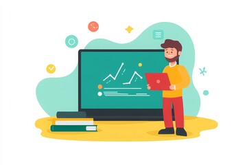 Poster - Young Man Holding Tablet in Front of Laptop Demonstrating Data Analysis with Charts and Books on Floor in a Modern Workspace Illustration