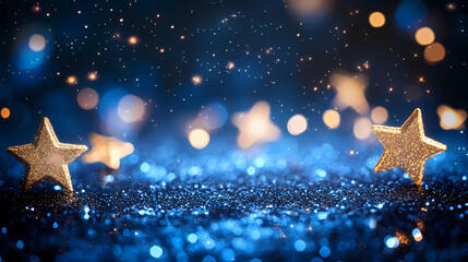 Wall Mural - Dark blue evening sky with scattered stars and glittering bokeh effect amidst a starry night landscape, set against a black background, cosmos, night sky, evening, celestial. Celestial. Illustration