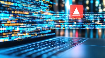 Poster - A laptop with a digital interface displaying data and a warning symbol.
