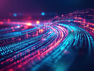 Poster - A flowing digital river made of luminous binary streams