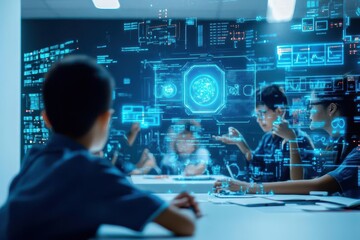 Poster - A futuristic classroom with holographic displays and students interacting with AI tutors