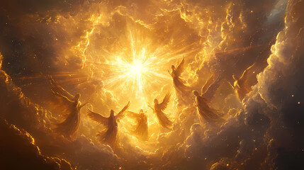 Wall Mural - Celestial choir of angels ethereal beings with flowing robes and shimmering wings singing amidst swirling cosmic clouds golden light radiating from center. Celestial. Illustration