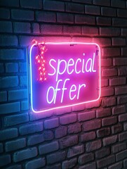 Neon sign displaying 'special offer' against a dark brick wall ideal for advertising promotions business marketing and retail designs