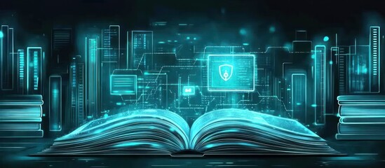 Poster - An open book with digital elements, symbolizing knowledge and technology integration.
