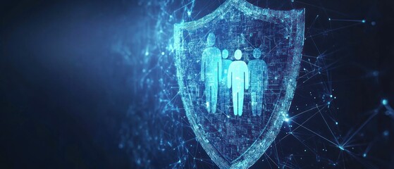 Poster - Digital shield symbolizing protection and security with human figures.