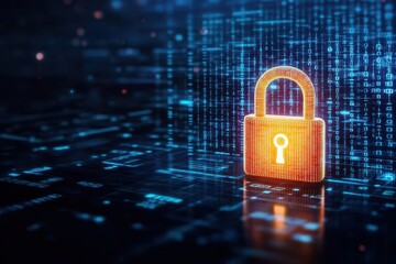 Aufkleber - A glowing padlock surrounded by binary codes on a futuristic interface, front view, symbolizing secured encryption, digital tone, Colored Pastel